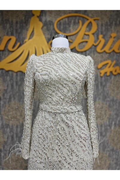 MODA Ekru Kolları Tüylü Tamamı Taş İncili Kalem Elbise Büyük Beden  Abiye