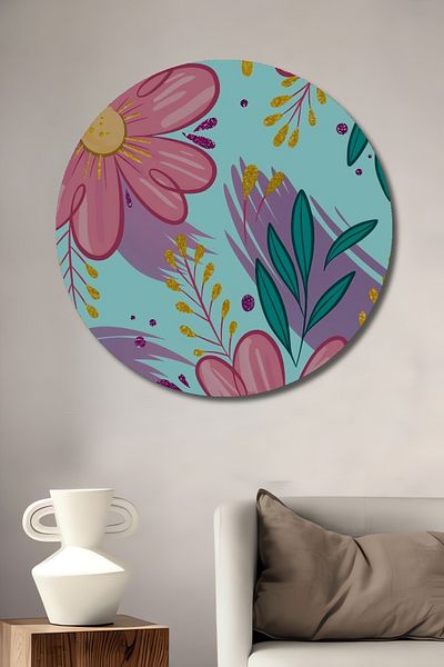 Teona Ahşap Casa rotundă din lemn MDF decorativă cu flori roz, pictură murală la locul de muncă