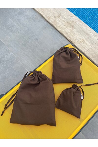 Sumicorn Design Kahverengi Ekolojik Bez Kese, Büzgülü İpli Bavul Düzenleyici Kese,Seyahat Çantası,3'lü Set