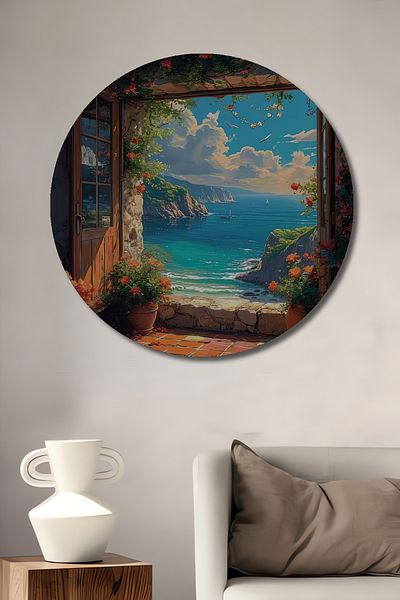 Teona Ahşap Casa decorativă rotundă din lemn MDF cu vedere la mediteraneană, pictură murală la locul de muncă
