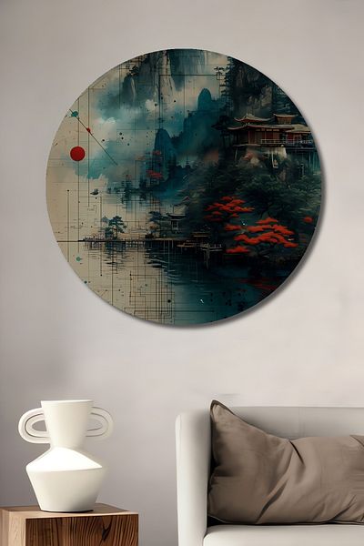 Teona Ahşap Casa rotundă din lemn MDF decorativă cu vedere în Asia, pictură murală la locul de muncă