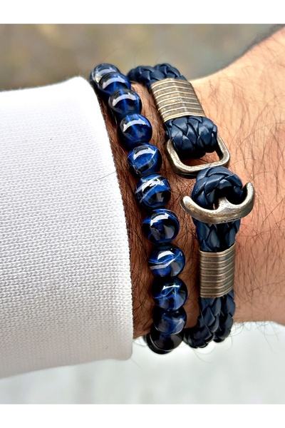 Tisaati Lüks Tasarım Premium Serisi Deri Çapa Bileklik ve Özel Seri Doğal Taş Bileklik Kombini