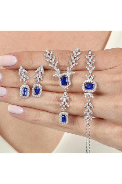 Mia Vento Pırlanta Montür Emerald Buketi Sentetik Safir Gümüş Üçlü Set