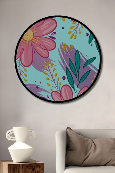 Teona Ahşap Casa rotundă din lemn MDF decorativă cu flori roz, pictură murală la locul de muncă