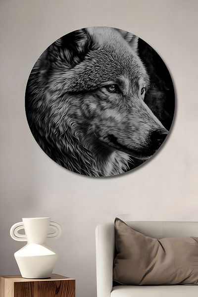 Teona Ahşap Portret de lup decorativ din lemn MDF rotund pentru casa, locul de munca pictura pe perete