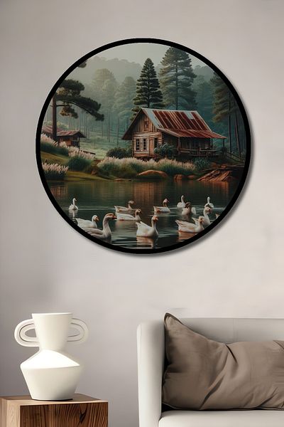 Teona Ahşap Pe marginea lacului, din lemn MDF, rotund, decorativ, pictură murală pentru locul de muncă