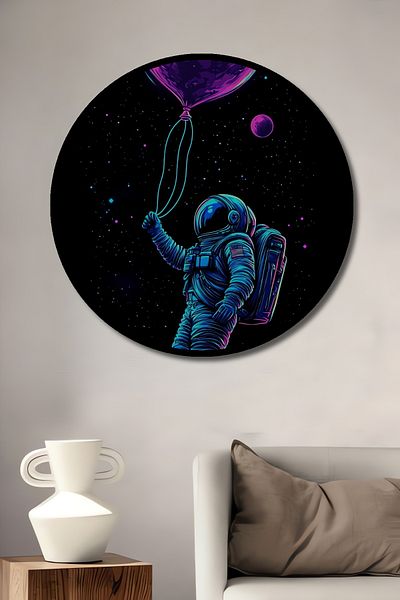 Teona Ahşap Astronaut care ține un balon în spațiu Lemn MDF rotund decorativ pentru casă, loc de muncă pictură murală