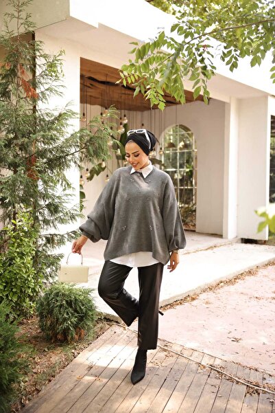 Viskosa Bow Stonework Balloon Sleeve Knitwear Sweater