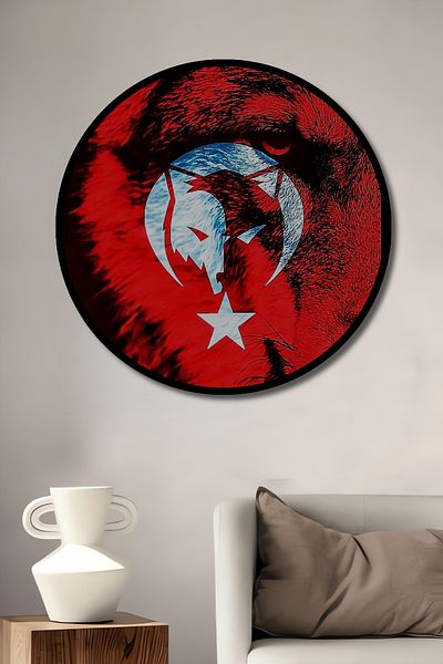 Teona Ahşap Casă rotundă din lemn MDF decorativă cu motiv lup, pictură murală la locul de muncă