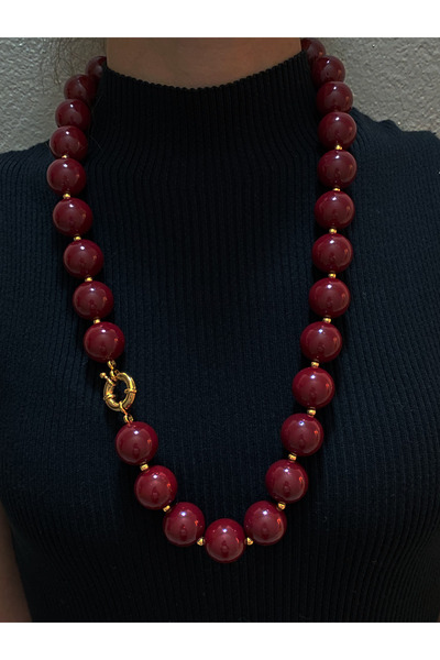 Bade Premium Vip Seri Gold Halka Kilit Detay Bordo Kolye (71 CM)