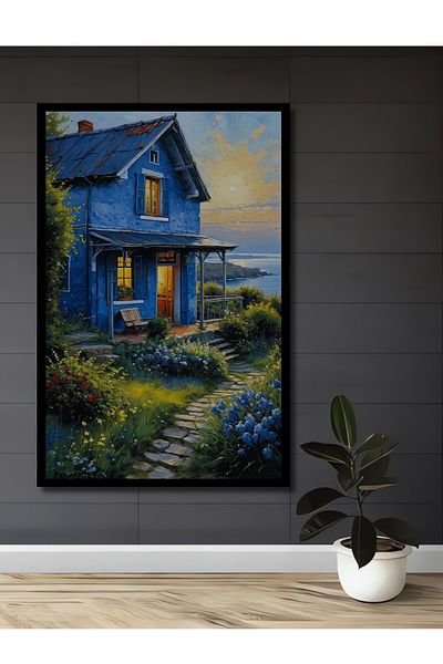 Teona Ahşap Blue House Garden Scenery Decorativ Lemn MDF Casa dreptunghiulara, Pictura pe perete la locul de munca