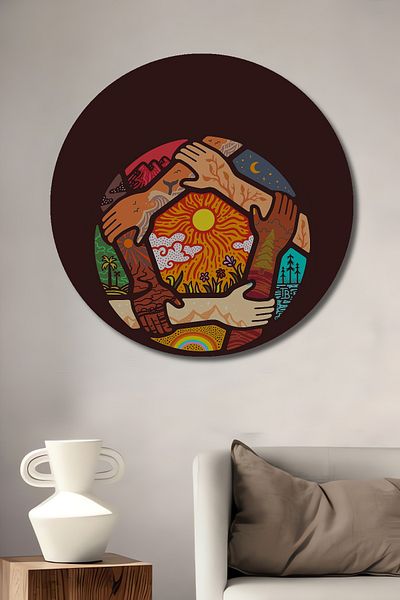 Teona Ahşap Casă rotundă din lemn MDF decorativă tematică prietenie mondială, pictură murală la locul de muncă