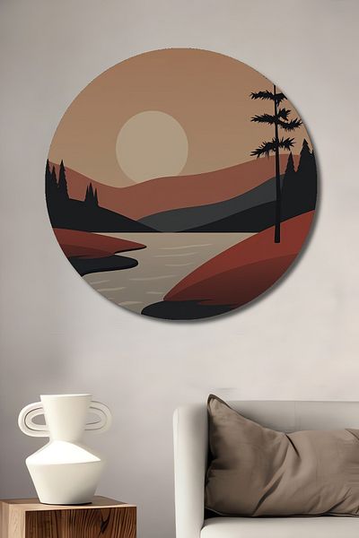 Teona Ahşap Casa rotunda din lemn decorativ MDF cu vedere la apus de soare, pictura pe perete la locul de munca