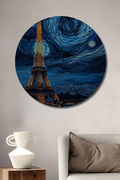 Teona Ahşap Noapte înstelată Turnul Eiffel Van Gogh Lemn MDF Rotund Decorativ Acasă, Locul de muncă Pictură murală