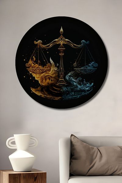 Teona Ahşap Casă rotundă din lemn MDF decorativă în echilibru cu justiția, pictură murală la locul de muncă