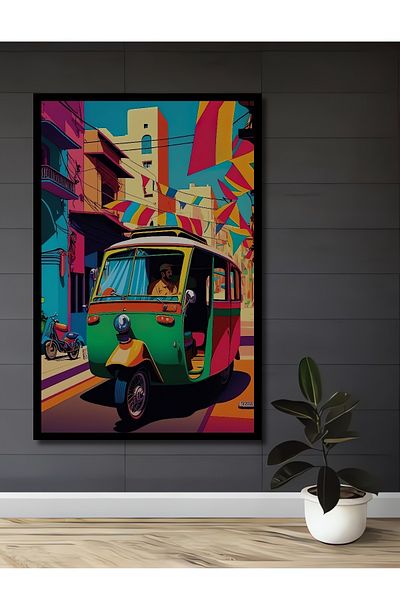 Teona Ahşap Vehicul cu motor retro pe străzi colorate, dreptunghiular din lemn MDF, pictură murală pentru locuință, loc de muncă