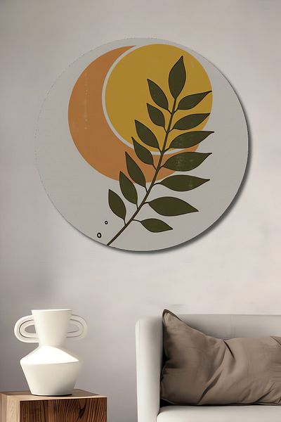 Teona Ahşap Pictură de perete rotundă din lemn MDF decorativ cu frunze la apus de soare