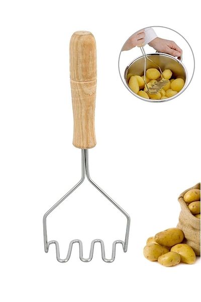 FBZhome Practical 24cm Luxury Wooden Handle Stainless Metal Potato Masher |   Potato Masher Puree