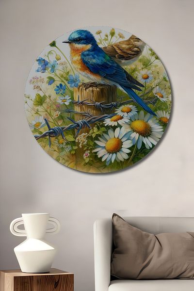 Teona Ahşap Păsări albastre și flori de primăvară din lemn MDF rotund decorativ pentru casă, pictură murală la locul de muncă