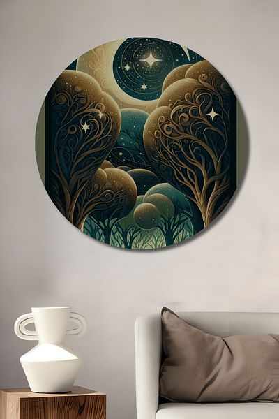 Teona Ahşap Pădure magică la lumina lunii, casă rotundă din lemn MDF decorativ, pictură murală la locul de muncă