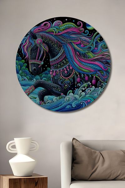 Teona Ahşap Magical Horse Colorful World Decorativ din lemn MDF rotund pentru casa, locul de munca pictura pe perete