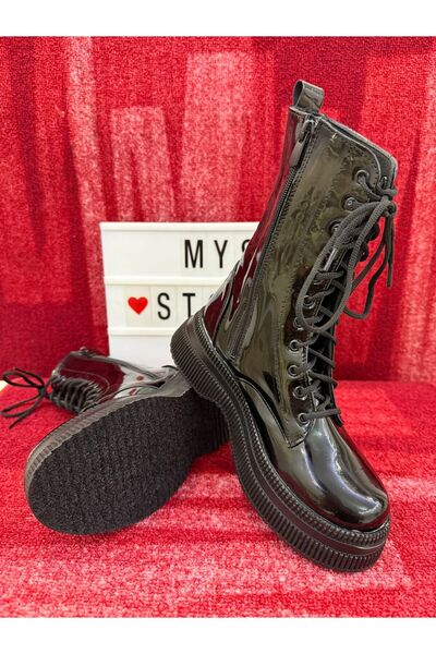 MYSSTORE Kadın Bagcıklı İçi Yünlü Parlak Uzun Siyah Bot