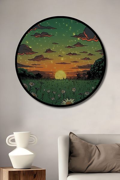 Teona Ahşap Sunset Daisy Field Decorativ Lemn MDF Casă rotundă, Pictură murală la locul de muncă