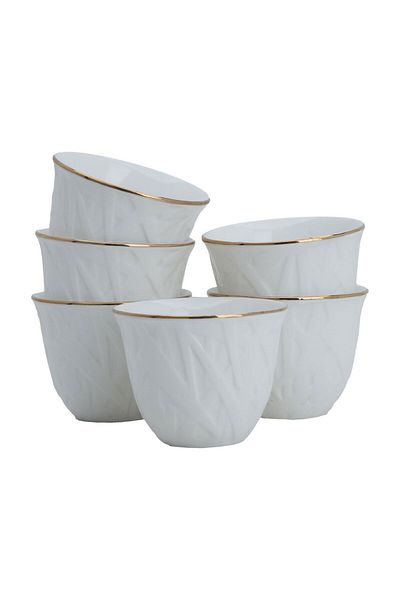 Alsaif Gallery A set of Arabic coffee cups engraved in white porcelain with a golden script, 12 pieces