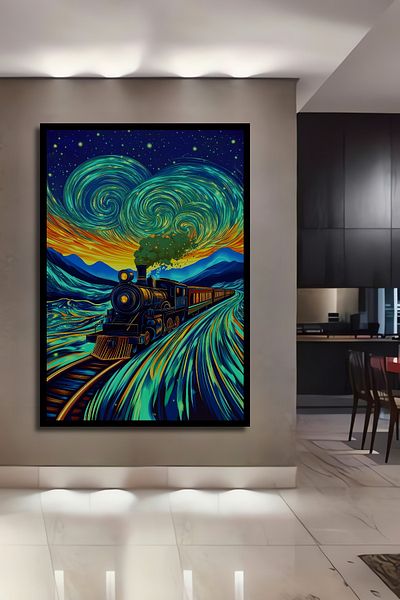 Teona Ahşap Tren cu abur în noapte înstelată, dreptunghiulară din lemn MDF, pictură murală pentru locuință, loc de muncă