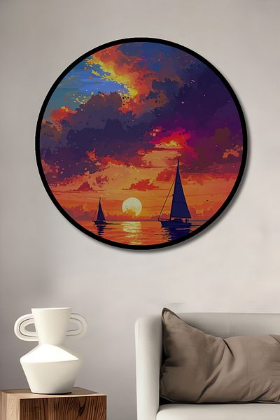 Teona Ahşap Sunset Sailing Lemn MDF Rotund Decorativ Acasă, Locul de Muncă Pictură Murală