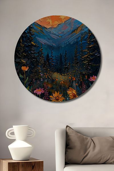 Teona Ahşap Peisaj de munte însorit din lemn MDF rotund decorativ pentru casă, pictură murală la locul de muncă