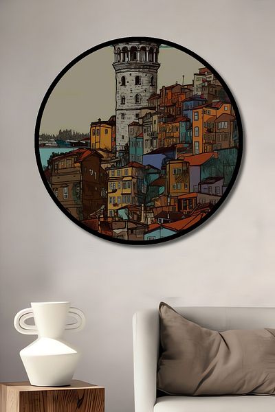 Teona Ahşap Turnul Galata din lemn colorat MDF rotund decorativ pentru casa, loc de munca pictura pe perete