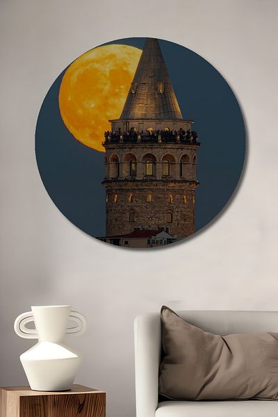 Teona Ahşap Turnul Galata Peisaj Lună Decorativ Lemn MDF Casă Rotundă, Pictură Perete Loc de Muncă
