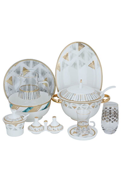 Alsaif Gallery White porcelain dining set with golden pattern, 62 pieces
