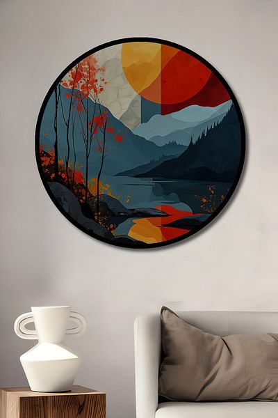 Teona Ahşap Peisaj de munte colorat, decorativ din lemn MDF, casă rotundă, pictură murală la locul de muncă
