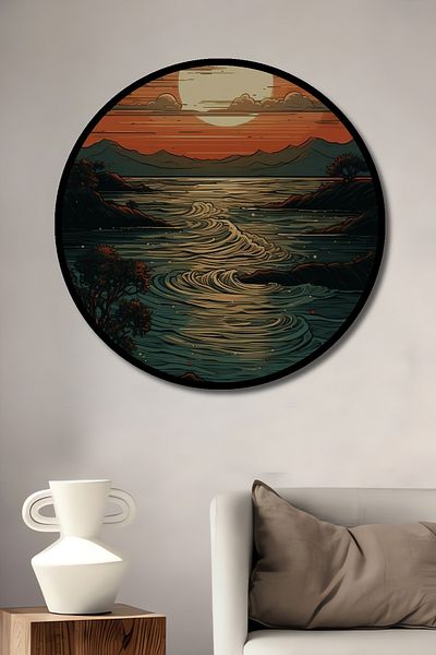 Teona Ahşap Casa rotunda din lemn decorativ MDF cu vedere la apus de soare, pictura pe perete la locul de munca