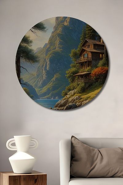 Teona Ahşap Casa decorativă rotundă din lemn MDF în fermecătoare peisaj de munte, pictură murală la locul de muncă