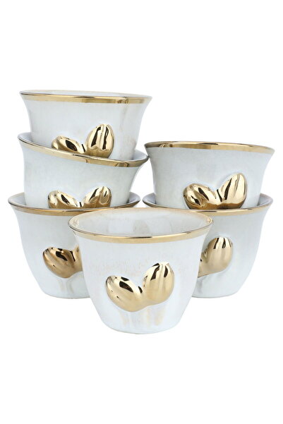 Alsaif Gallery A set of beige and gray Arabic coffee cups with a gold rim, 12...