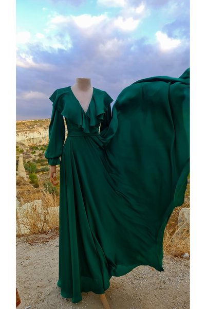MODAMAKKO Satin verde, fuste plisate, detaliu fundă pe umăr, promisiune, logodnă, rochie de seară islamică pentru absolvire