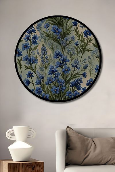 Teona Ahşap Casa rotundă din lemn MDF decorativ cu flori albastre, pictură murală la locul de muncă