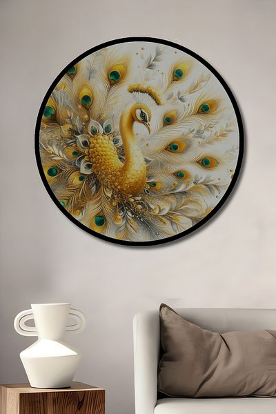Teona Ahşap Păun de aur decorativ din lemn MDF rotund pentru casă, pictură murală la locul de muncă