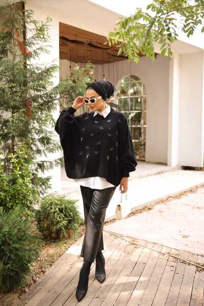 Viskosa Pulover tricotat cu mâneci balon cu broderie cu pietre