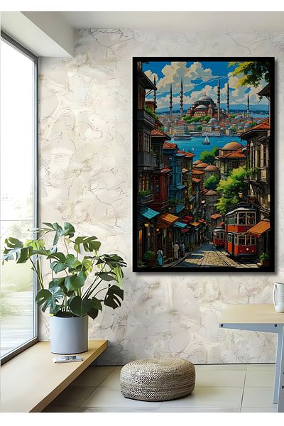 Teona Ahşap Casa dreptunghiulara din lemn MDF decorativ cu tramvai cu vedere la Istanbul, pictura pe perete la locul de munca