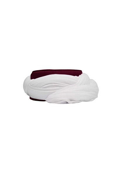 Sarıkhane Prayer Shawl - White Fabric - Burgundy Cap - Cross Wrap - Nâli Şerif - 7 Meters (Züabeli)