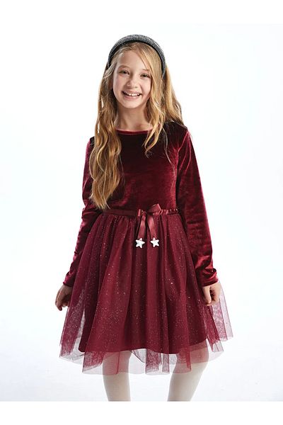 LC Waikiki Lcw Kids Burgundy Crew Neck Velvet Girls' Dress