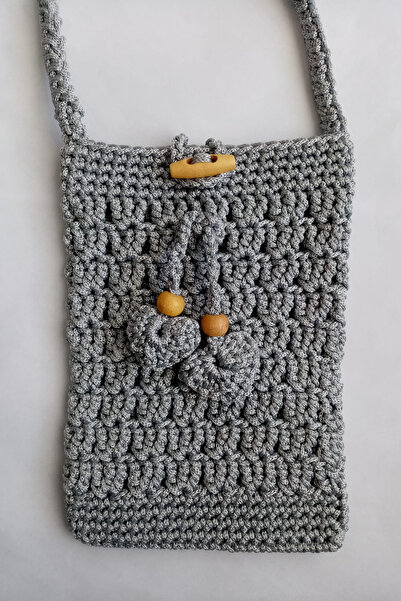 ZEYZON Makrome Telefon Çantası /El Örgüsü El Yapımı Ahşap Düğme ve Boncuk Det...