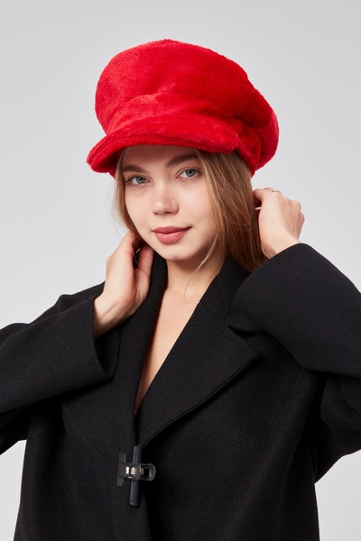 derikem İkili Kadın Peluş Kasket Gazeteci Kışlık Şapka Kırmızı - Siyah