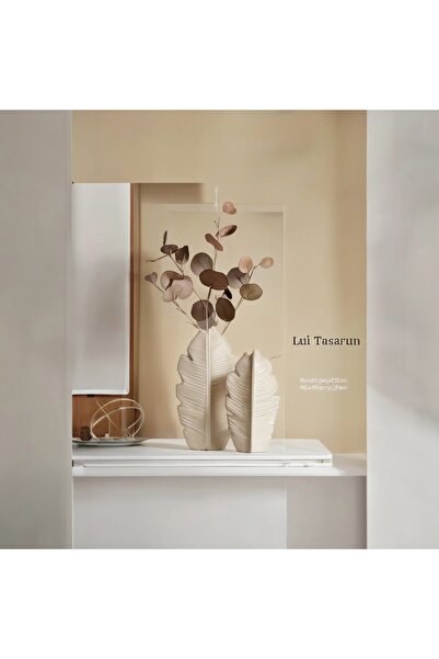 Lui Tasarım Modern Iskandinav Bohem Yaprak Vazo 2li Set Bej Rengi