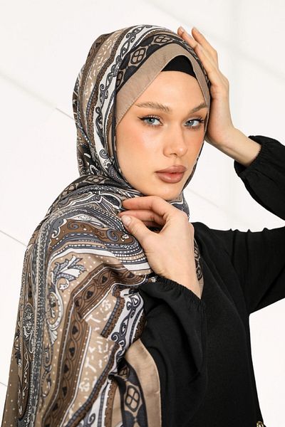 hijabchi Retro Ethnic Pattern Cotton Soft Shawl Series - New Collection - Mink - Brown