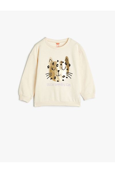 Koton Sweatshirt Long Sleeve Crew Neck Shiny Cat Printed Raised Cotton
